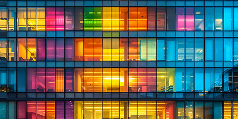 abstract colorful background with squaresm, Business office windows at night Corporate building London City England A closeup of office building windows at night capturing mesmerizing Generative ai,  - obrazy, fototapety, plakaty