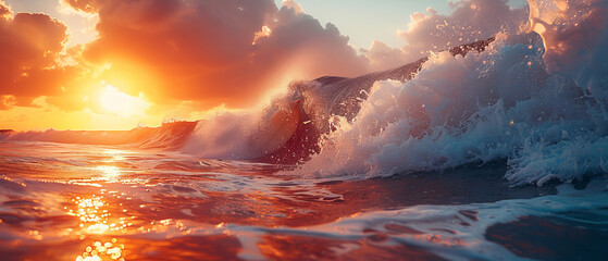 The ocean is alive with brilliant orange hues reflecting off tumultuous waves at dusk - obrazy, fototapety, plakaty