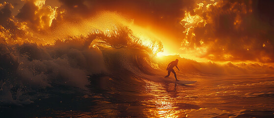 An athlete catches a wave, skillfully balancing against the warm backdrop of a sunset sky