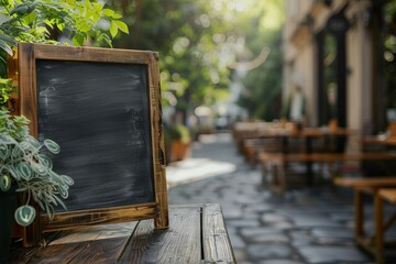 A wooden sign with a chalkboard on it sits on a table in front of a restaurant