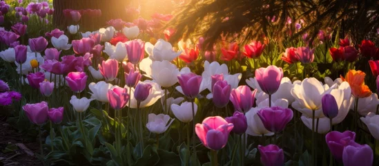 Fotobehang A natural landscape filled with herbaceous plants, including a field of pink and white tulips with the sun shining through the trees, creating a vibrant display of color © AkuAku