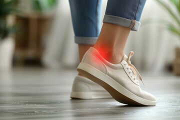 A woman wearing a white shoe with a red bandage on her foot, pain concept - obrazy, fototapety, plakaty