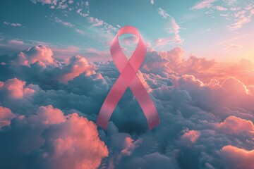 A pink ribbon is displayed in the sky, symbolizing breast cancer awareness - obrazy, fototapety, plakaty