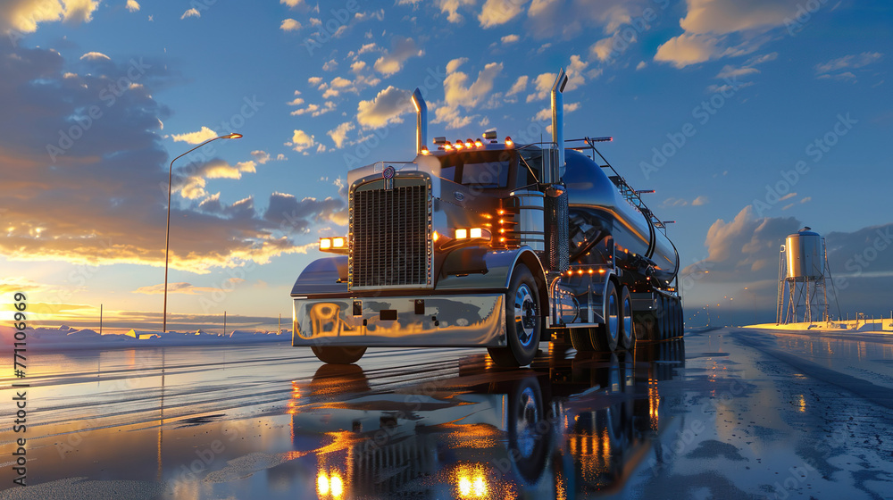 Wall mural large metal fuel truck transporting fuel from petroleum refineries to gas stations across the countr