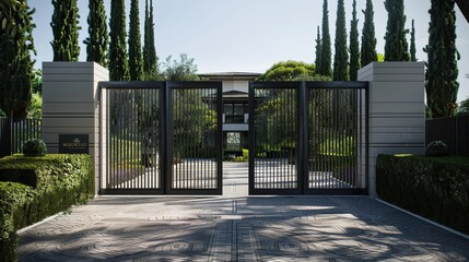A main gate with a pivoting mechanism that opens outward in a sweeping motion, creating a dramatic and welcoming entrance to the modern house in