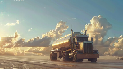 Large metal fuel truck transporting fuel from petroleum refineries to gas stations across the country. - obrazy, fototapety, plakaty