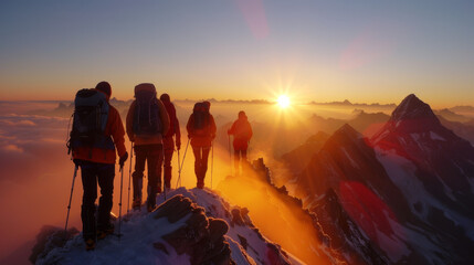 Mountaineers stand triumphantly on a snowy peak as a stunning sunrise illuminates them from behind