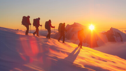 A majestic view of a group of hikers with backpacks traversing a snowy mountain during a vibrant sunrise