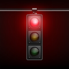 Vector Realistic Hanging Traffic Light with Glowing Red Prohibiting Signal Isolated on Black Background
