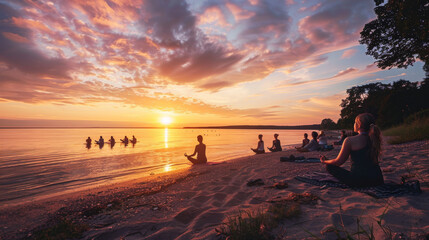 A group of individuals engage in beach yoga practice against a vibrant sunset sky, emitting a sense of calm