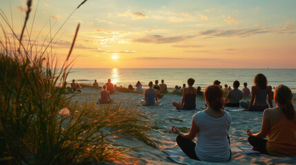 The golden hour light bathes an outdoor yoga class at the beach, highlighting the beauty of nature and well-being