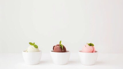 photo Three small bowls of different flavored ice creams (strawberry, chocolate, and mint) lined up against a clean, white background. The arrangement and the uniformity of the bowls create a