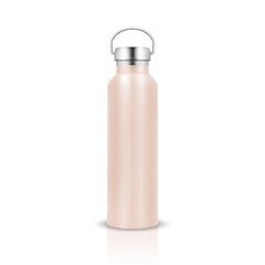 Vector Realistic 3d Pink Color Metal or Plastic Blank Glossy Reusable Water Bottle with Silver Bung Closeup Isolated on White Background. Design Template of Packaging Mockup. Front View