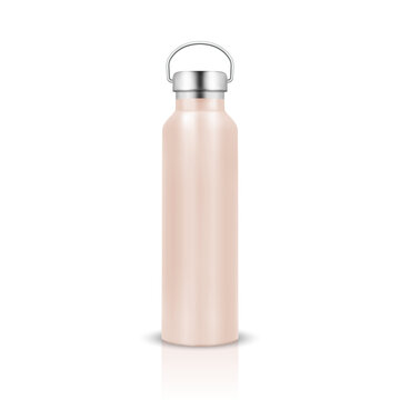 Vector Realistic 3d Pink Color Metal or Plastic Blank Glossy Reusable Water Bottle with Silver Bung Closeup Isolated on White Background. Design Template of Packaging Mockup. Front View