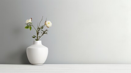 White ceramic vase with one eustoma bush on a minimalist white table no text, no inscriptions, no advertising, ::3 --ar 16:9 --quality 0.5 --stylize 0 --v 5.2 Job ID: 0aa77a11-8f8a-4599-a814