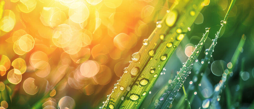 The intense morning light brings a sparkling effect on the fresh dewdrops clinging onto a single blade of grass