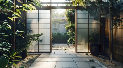 A main gate with a translucent panel featuring frosted glass or acrylic, allowing natural light to filter through and creating a sense of openness and connection to the outdoors in - obrazy, fototapety, plakaty