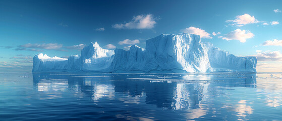 A colossal blue iceberg adrift in serene sea waters, illuminated by the soft light of a clear sky