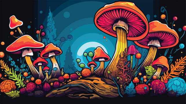 70s Retro hippie magic mushroom bunch in groovy sty