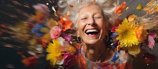 The elderly woman is adorned with a lei of vibrant flowers, surrounded by petals and smiling joyfully. Her laughter fills the air with happiness and fun at the art event - obrazy, fototapety, plakaty