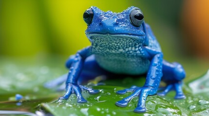 a bright blue tree frog sitting on a leaf above the water - obrazy, fototapety, plakaty