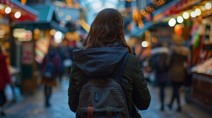 Against the backdrop of bustling market stalls a lone figure with back to the camera takes a moment to check phone and respond . .