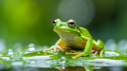 Naklejka premium a bright green tree frog sitting on a leaf above the water