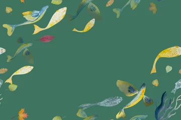 Crédence de cuisine en verre imprimé Vie marine Beautiful decorative fishes watercolor hand drawn seamless banner