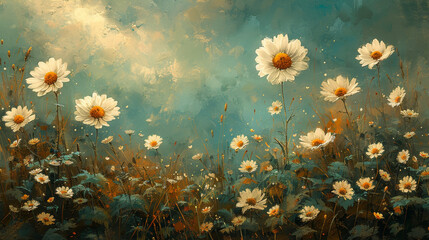 Charming daisies presented with a vintage feel on a rustic, textured background canvas - obrazy, fototapety, plakaty