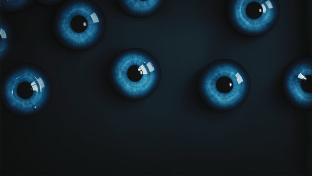 Abstract image of blue eyeballs on dark background with copy space. Surveillance concept. 3D Rendering
