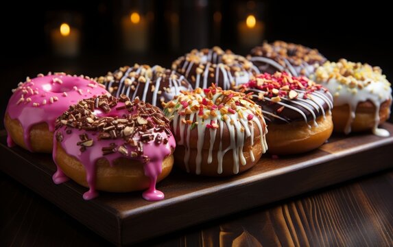 donuts with a variety of very appetizing toppings on a wooden table