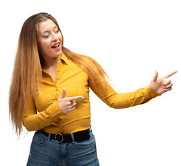 Middle-aged, blonde woman, in jeans and ocher shirt, gesturing affirmatively. PNG image for...