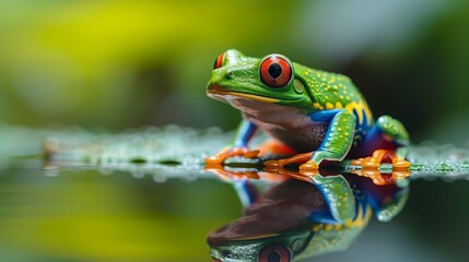 a bright green tree frog sitting on a leaf above the water - obrazy, fototapety, plakaty