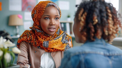 A social worker talks to a client in the office. Immigration service office