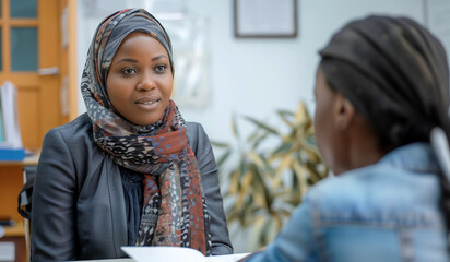A social worker talks to a client in the office. Immigration service office - obrazy, fototapety, plakaty