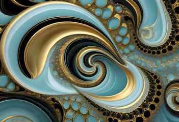 Elegant Dance of Abstract Fluid Forms in Blue and Gold, Capturing the Essence of Movement and Harmony, Generative AI