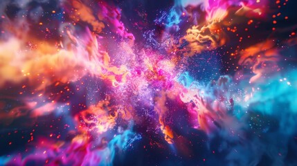 Fototapeta premium A highenergy collision of neon particles forming intricate abstract patterns and bursting with intense hues.