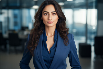 Portrait of beautiful young business woman wearing blue suit standing in modern office