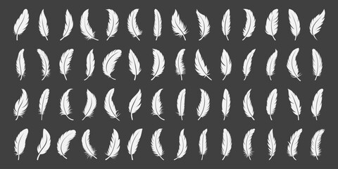 Vector Monochrome White Fluffy Feather Logo Icons. Silhouette Feather Set Closeup Isolated. Design Template of Flamingo, Angel, Bird Feather Collection. Lightness and Freedom Concept