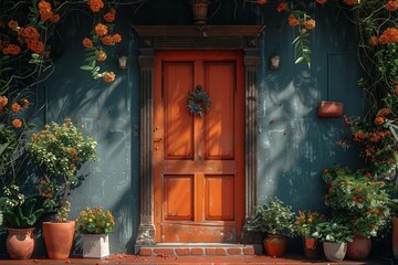 An entryway with a brightly colored orange door.  - obrazy, fototapety, plakaty