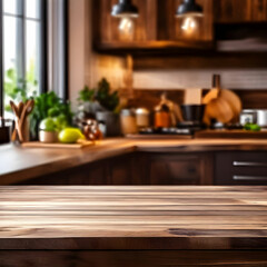 Fototapeta na wymiar Wooden table of free space in kitchen and blurred vegetables ,elegant interior .