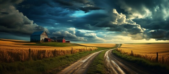 A dirt road cuts through a grassy field with a barn in the background, under a cloudy sky in a natural landscape - obrazy, fototapety, plakaty