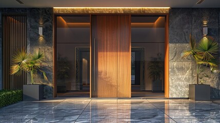 A sleek, minimalist main door design featuring a seamless blend of wood and glass, exuding modern elegance and sophistication in - obrazy, fototapety, plakaty
