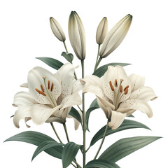 Elegant blooming white lilies with buds on Transpanent png  background, Ai generated