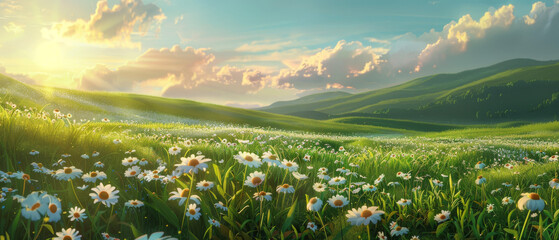 A breath of fresh air as dawn breaks with sun rays piercing through a field of daisies and green hills