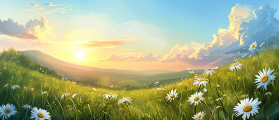 Warm sunset glow settling over rolling lush hills peppered with white daisies and vibrant greenery