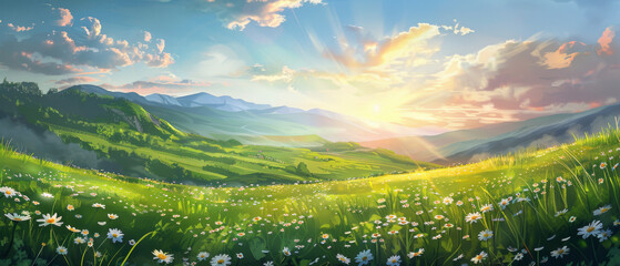The sun rises over a picturesque landscape, illuminating daisies and rolling green hills