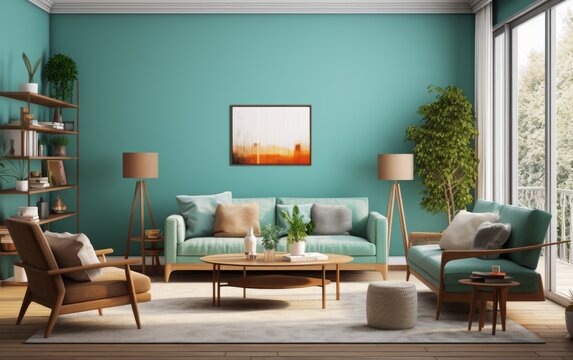 photo of a neat, simple, aesthetic and elegant family room with turquoise blue wall paint