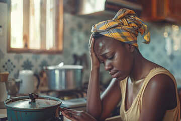 a african young mother is crying at the stove being tired of housework - obrazy, fototapety, plakaty