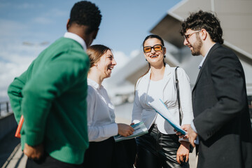 Diverse colleagues engage in a business discussion outdoors, focusing on growth and strategic planning.